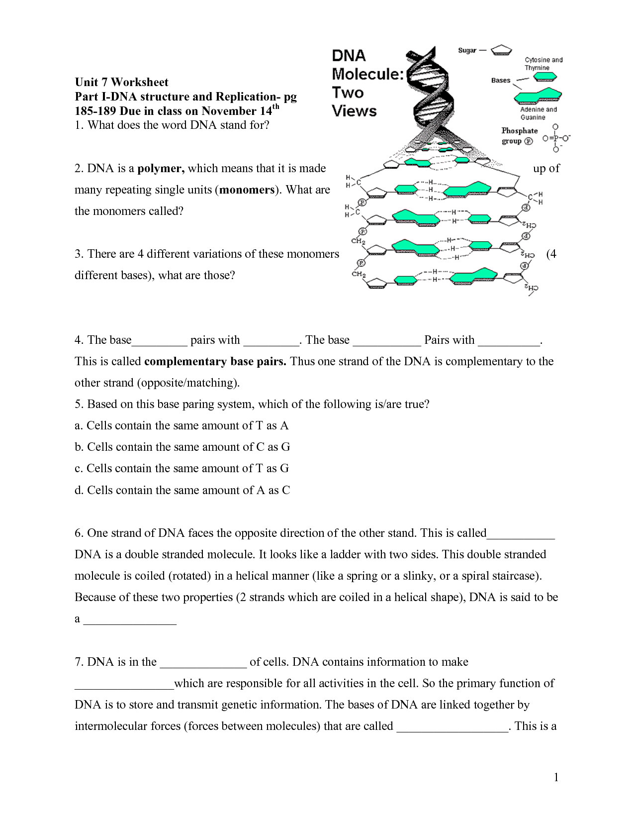 Answers to Rna Worksheet : Biological Science Picture Directory Inside Dna Structure Worksheet Answer